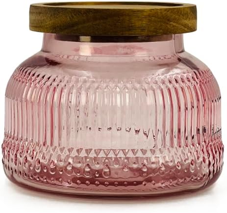 Decorative Pink Ribbed Glass Jar with Airtight Wooden Lid, 40 fl. oz | Wide mouth vintage storage canister, kitchen pantry bathroom organization, coffee sugar tea cookie candy candle vase gift