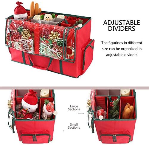 Sattiyrch Large 2-in-1 Christmas Ornament Storage Box & Xmas Figurine Container - Easy Access Removable Trays, Keeps 73 Holiday Ornaments - Adjustable Extent Area for Figurines and Pockets
