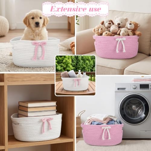 3 Pcs Bow Storage Baskets Woven Cotton Rope Laundry Hamper with Handles, Pink and White Set for Home Decor Organization, Nursery, Pet Toy Bin