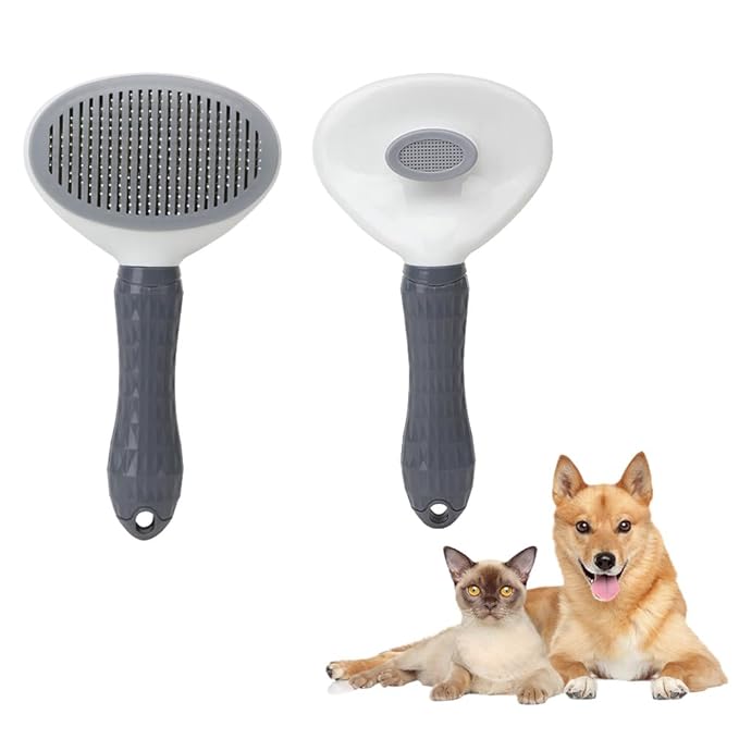 Cat Brush & Deshedding Dog Brush for Shedding and Grooming, One-click Hair Removal, Skin-Friendly Pet Grooming Tool for Cats and Dogs, Easy to Clean, Grey