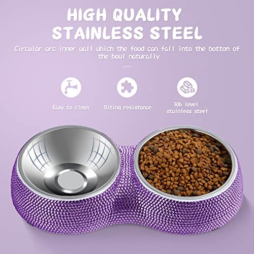 eing Dog Bowls Double Dog Water and Food Bowls Stainless Steel Bowls with Non-Slip Resin Station and Bling Rhinestones, Pet Feeder Bowls for Puppy Medium Dogs Cats Puppy Pets,Purple