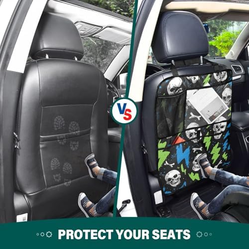 2 Pack Back Seat Car Organizer with Storage Pockets Kick Mats Back Seat Protector Hanging Car Organizer Automotive Seat Back Cover Organizers Skull Lightning Colorful