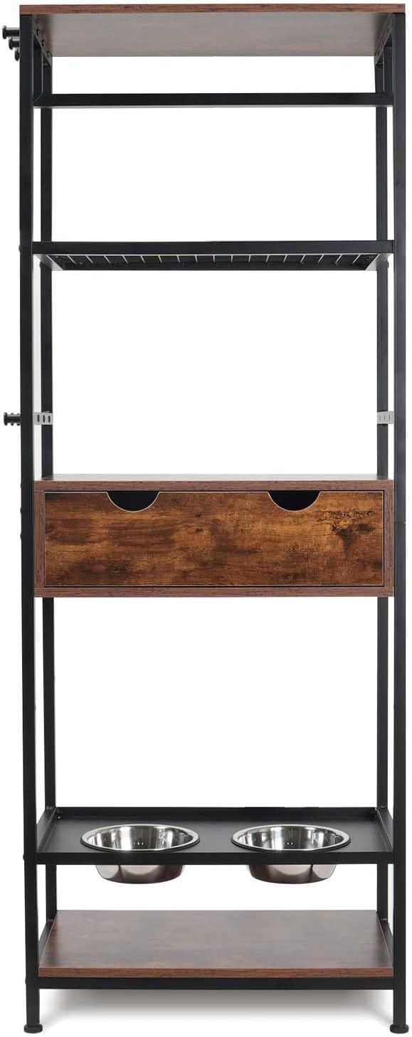 Dog Feeding Station with Storage Large Dog, Pet Dog Food Storage Organizer with Bowls & Shelves, 3 Height Adjustable Raised Dog Bowl Stand for Medium Dogs Cats (Black+Vintage)