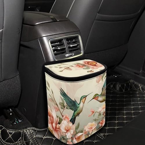 DISNIMO Hummingbird Rose Car Trash Can with Lid, Car Accessories Leak-Proof Waterproof Car Garbage Bin Collapsible Portable Car Storage Organizer Trash Bag for Car SUV Trucks