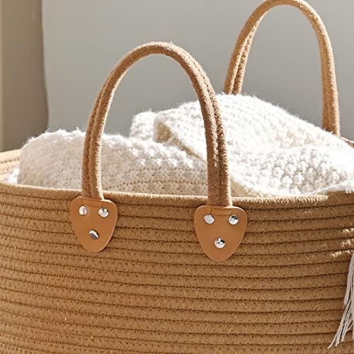 KAKAMAY Large Blanket Basket (18"x18"x16"),Woven Baby Laundry Hamper for Storage, Cotton Rope Blankets Baskets for Nursery, Laundry, Living Room, Pillows, Baby Toy chest with Handles (Brown)