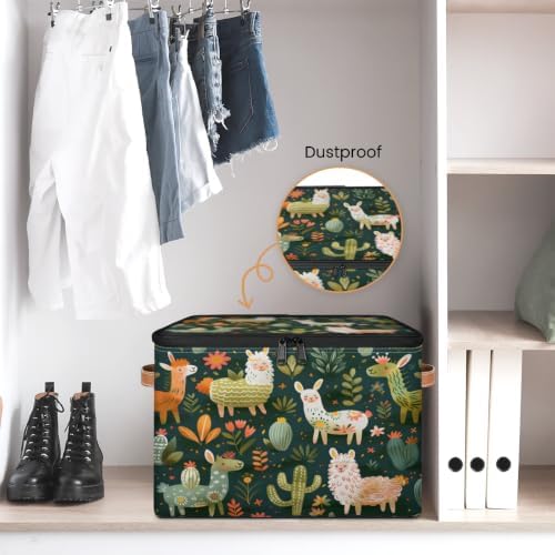 Llama Alpaca Storage Box with Zipper Lid | Collapsible, Fabric, Storage Bin, Handle, Large, Closet Organizer, Containers, Bedroom, Home, Tropical Plant Cactus