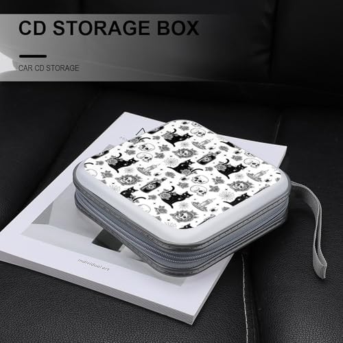 Portable Protective CD Holder Rose Skull Goth Black Cat, 40-Disc Hard Case with Zipper, Storage Binder for Music Movies Game Collections