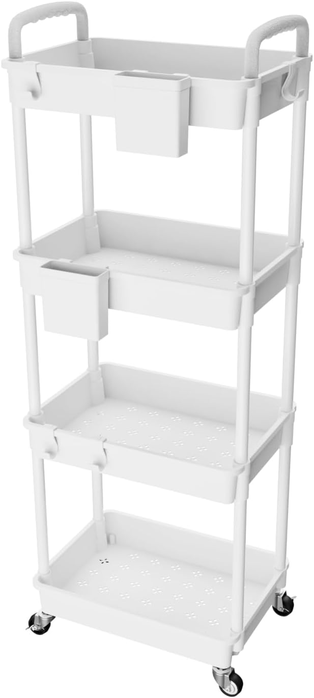 4 Tier Rolling Utility Cart with Handle,REBECAT Utility Cart Made of Multifunctional Storage Organizer Tool for Kitchen,Bathroom,Living Room,Office(White)