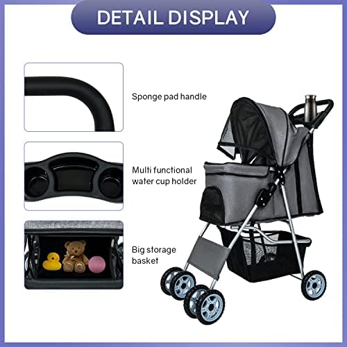 BestPet | 4-Wheel Foldable Pet Stroller | Grey | Lightweight & Portable | Travel Carrier with Mesh Windows, Storage Basket, Cup Holder, Safety Brakes, and Waterproof Fabric | For Small Dogs and Cats