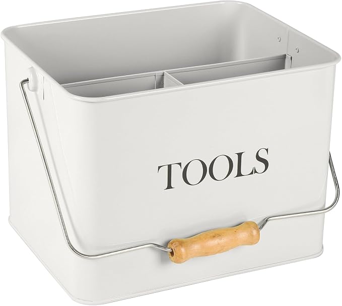 Garden Tool Organizer - Metal 3-Compartment Caddy With Handle, Indoor/Outdoor Use - White
