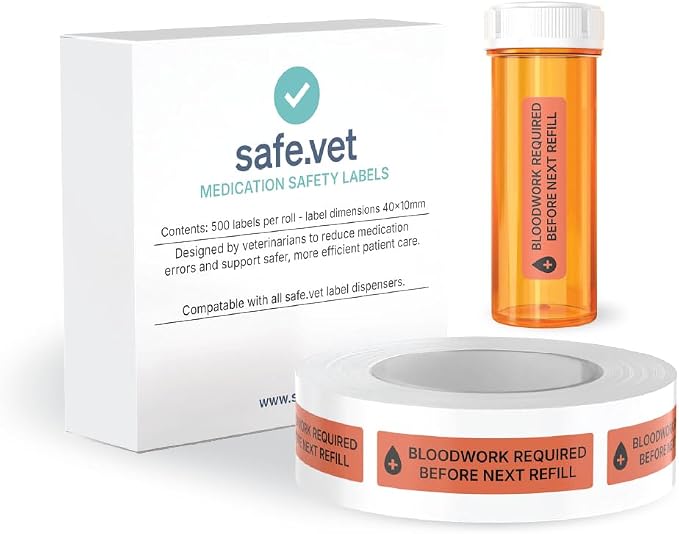 Dispensed Medication Veterinary Pharmacy Labels | Roll of 500 | Clinical-Grade Color-Coded Stickers for Medication Bottles (Bloodwork Required Before Next Refill)