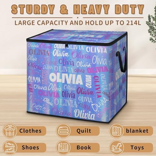 Personalized Name Large Storage Basket with Lid, Canvas Storage Bins Quilt Clothes Organizer for Bedroom, Kitchen, Bathroom, Nursery, Shelves, Closets, Gradient Blue Stripes with Stars