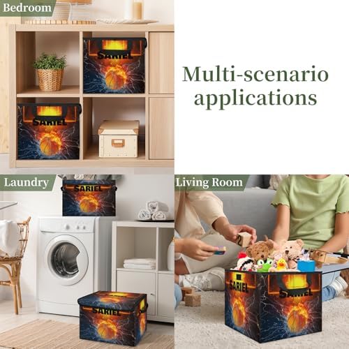 Basketball Storage Bin with Lid Personalized Storage Baskets for Organizing Foldable Closet Organizers with Handles,Cute Basket for Boys Girls for Clothes Blanket Pet Dog Toy Basket Storage (2 Pack)