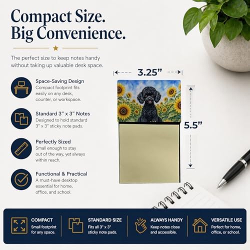 Caroline's Treasures Black Poodle in Sunflowers Watercolor Sticky Note Holder Refillable Dispenser Desk Accessory 3x3 Pad Gift