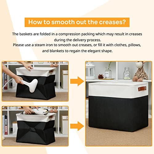DULLEMELO Large Fabric Basket for Organizing, 17"x12"x15" Storage Basket With Leather Handles, Collapsible Storage Bin for Clothes, Toys, Books, Office, Bedroom, Closet, Nursery&Laundry (White&Black)