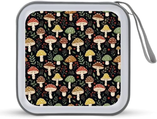 Portable CD Holder Case with Strap Dark Wild Mushrooms, 40-Capacity Hard Plastic Storage Binder, Protective Wallet for Car Office Travel