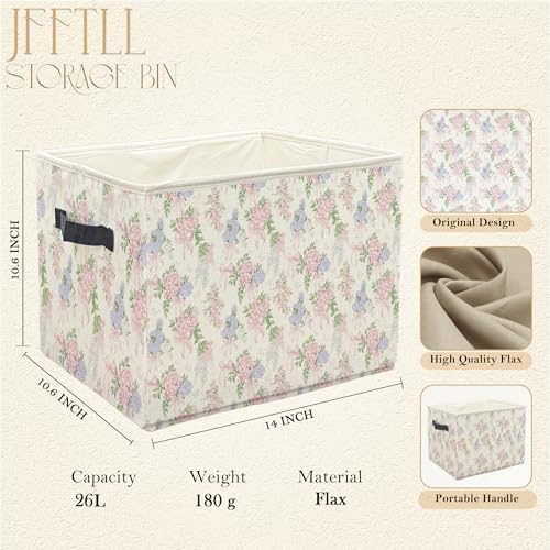 Pink and Blue Hydrangea Coquette Bow Storage Bins with Handles, Grandmillennial Hydrangea Floral Collapsible Laundry Basket Storage Box for Home Bedroom Bathroom Clothes Toys Books