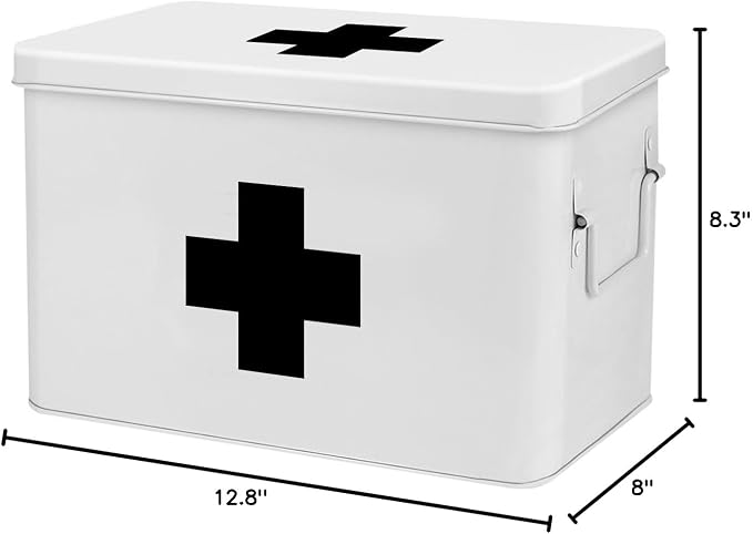 Flexzion Large Metal First Aid Box Empty, 13-Inch, White with Black Cross | Vintage Medicine Box and First Aid Storage Organizer with Removable Tray and Dividers; Empty Box Only, Supplies Not Included