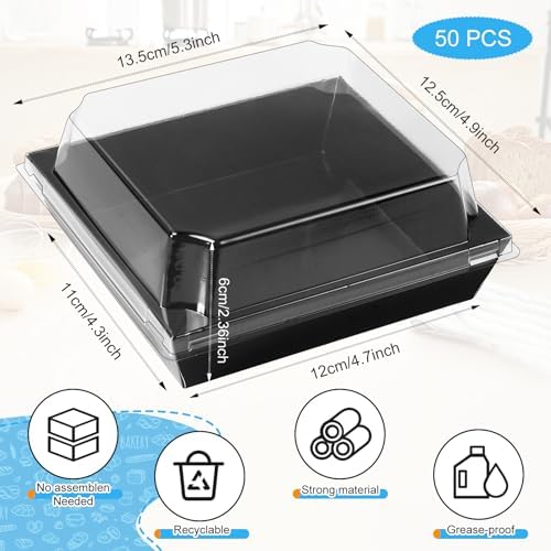 50 Pack Small Charcuterie Boxes with Clear Lids,5 inches Disposable Food Containers,Black Dessert Boxes with Thank You Stickers,Bakery Box for Sandwich, Strawberries,Cookie,Cake Slice(Black)
