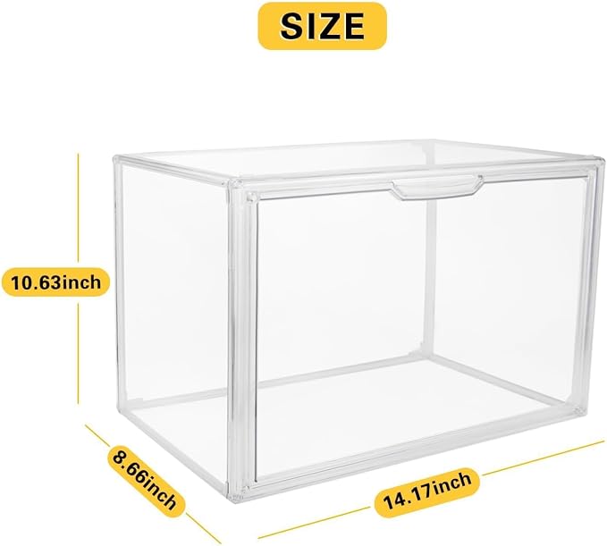 GUDEMAY Clear Stackable Plastic Storage Bins with Magnetic Lid, Dustproof Book & Cosmetic Acrylic Display Cases, Large Figures Collectibles Showcase, Shoe Box, Protection Organizer (L, Count, 3)