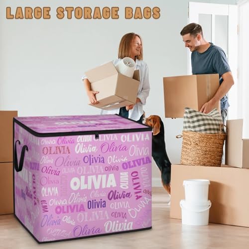 Custom Name Large Clothes Storage Organization with Lids, Kids Toys Bin Shelf Basket, Bedding Clothes Towel Storage Bin for Nursery, Gift Basket, Pet Basket, Light Pink Background