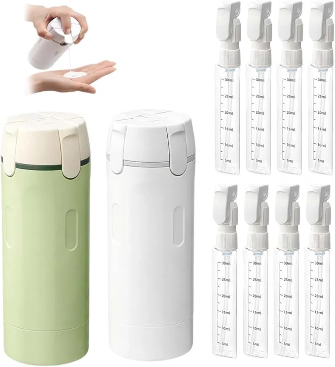 4 in 1 Travel Dispenser, 4 Pack 30ML Travel Bottles for Toiletries with Scale and Label, Leak Proof Travel Size Containers, Portable Containers for Shampoo Lotion Conditioner Cream (White+Green)