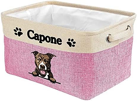 Personalized Fabric Dog Toy Storage Basket with Funny Dog Pit Bull Collapsible Sturdy Fabric Pet Toys Storage Bin Cube with Handles for Organizing, Pink and White
