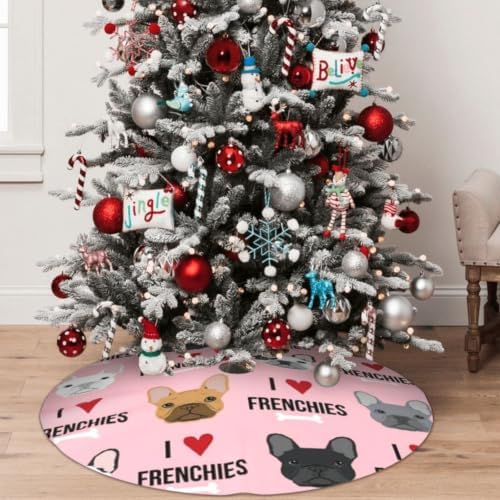 Christmas Tree Skirt, Soft Polyester Xmas Tree Skirts with Ribbon Ties, Rustic Farmhouse Holiday Party Decorations I Love Frenchies French Dog Design 30"