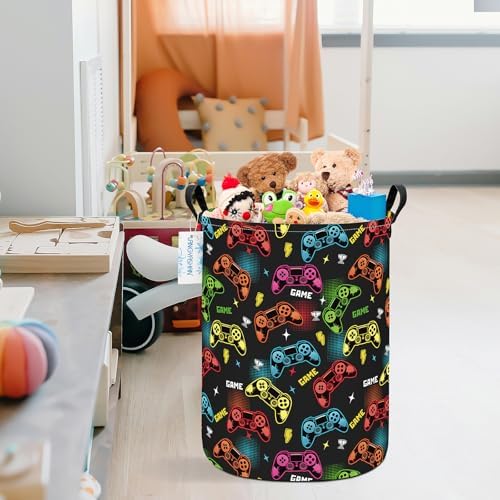 Round Laundry Basket Collapsible Boys Storage Hamper Organizer Game | Waterproof Canvas Foldable Baskets with sturdy Handles Multi-scene Organizer for Home Play Bedroom Gift Bin