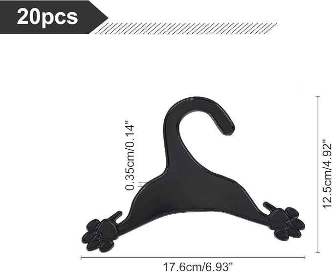 AHANDMAKER 20 Packs Pet Apparel Hangers, 7 Inch Wide Black Dog Clothes Hangers Cute Plastic Flexible Strong Paw Print Coat Hanger with Non-Slip Clips for Puppy Pet XS Small Dog Cat Puppy Pet Toddler
