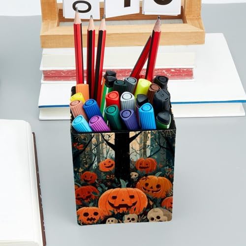 Halloween Pumpkin Pen Holder for Desk Decor, Rectangular PVC Leather Pencil Cup for Desk Pen Organizer, Makeup Brush Holder for School, Home, Office