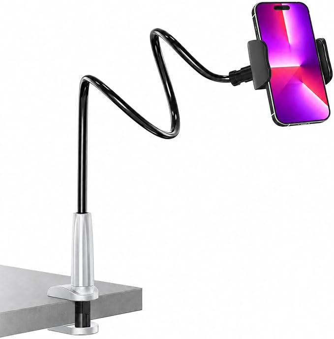 Gooseneck Phone Holder for Bed, Flexible Overhead Cell Phone Mount for Desk, Hands-Free Viewing Clamp Stand Compatible with iPhone 17 16 15 Pro Max and 3.5-7" Devices, Silver