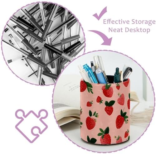 Faux Leather Pen Holder for Desk, Pencil Organizer Strawberry Pen Cup Desk Decor Makeup Brush Holder Storage for Office Home