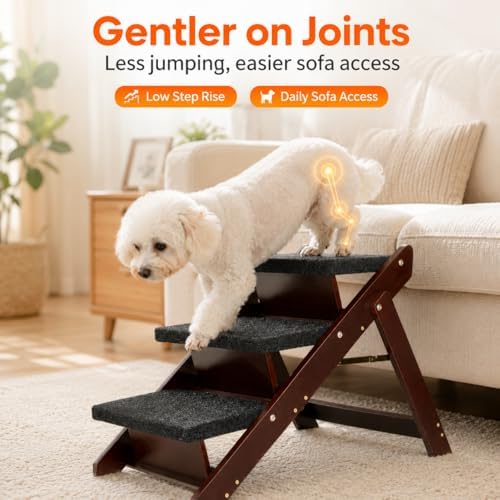 Dog Stairs for Bed, Foldable Pet Steps for Small Dogs, Cats & Senior Pets, 3 Steps Wooden Steps for Couch, Dog Stairs for Car, 110 lb, Brown