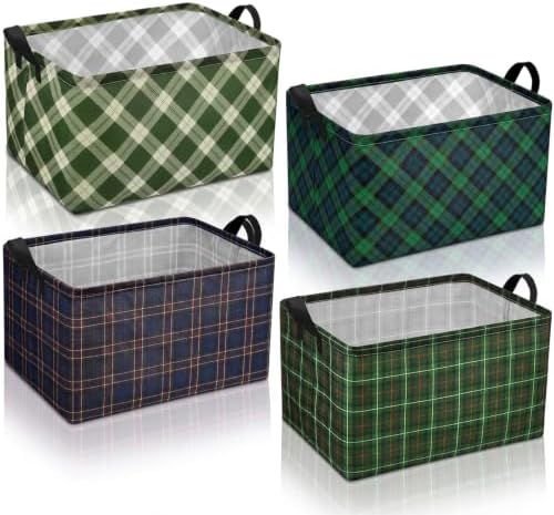 Chunful 4 Pack Christmas Tartan Plaid Storage Baskets for Gifts Collapsible Green Tartan Decorative Laundry Storage Bins Foldable Box with Handles for Home Bedroom Office Holiday Clothes Containers