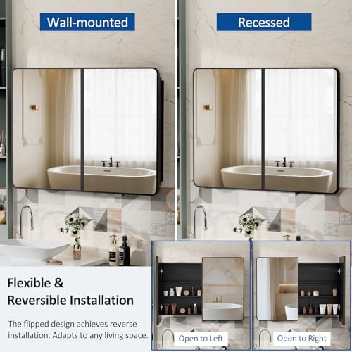 ACEMIRO 40x30 Inch Black Medicine Cabinet Mirror Metal Framed Recessed Bathroom Medicine Cabinets with Mirror and Storage Wall Mounted