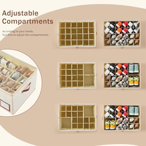INSTY 1 Pack Shoe Organizer for Closet, Shoe Storage Organizer, Adjustable Dividers for Shoe Storage, Fabric Shoe Storage Bins with Clear Cover, Beige