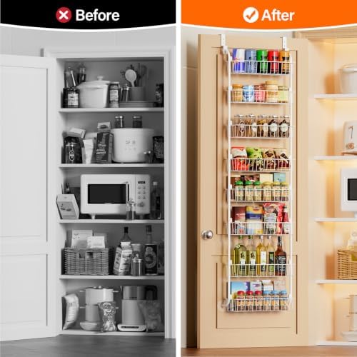 Delamu Over The Door Pantry Organizer, 8-Tier Hanging Spice Rack | Large Pantry Door Organization and Storage Seasoning Shelves, Door Organizer for Kitchen, 17.1"W x 65.4"H x 5.8"D, White