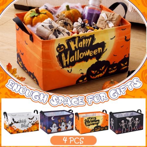 Breling 4 Pcs Halloween Baskets Boo Basket Gift Pumpkin Skull Ghost Baskets with Handles Large Collapsible Storage Bins Boxes for Trick or Treat Gifts Laundry Shelves Home Storage, 15 x 10 x 8 in