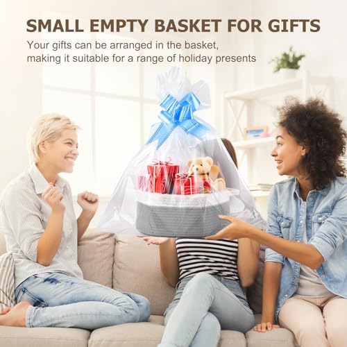 Small Woven Basket, 12" x 8" x 5" Gift Basket Empty with Ribbon and Gift Bag, Rope Basket for Baby Shower, Holiday Presents,Storage Basket with Handle for Nursery,Pet Toy Basket (White-Grey)
