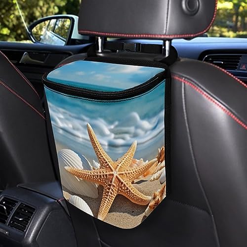 DISNIMO Beach Starfish Sea Shell Car Trash Can with Lid Cute Car Accessories Leak Proof Car Trash Bag Hanging Car Garbage Can Multipurpose Storage Container for Back Seat Road Trip