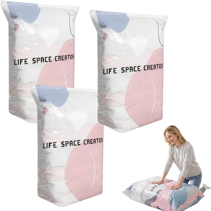 No-Pump Vacuum Storage Bags, 2026 New Reusable Space Saver Bags, 3-Sec Fast Compression, Air Tight Compression Storage Bags for Clothes, for Clothes, Comforters, Blankets (3PCS, Large)