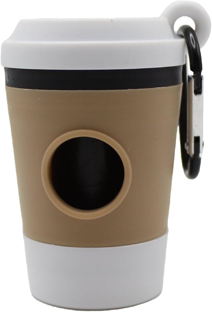 Dog Poop Bag Holder with Carabiner Clip, Coffee Cup Style Doggie Bag Dispenser & Trash Organizer - Portable Pet Waste Bag for Outdoor Walking, Travel, Hiking with Dogs & Cats (White)
