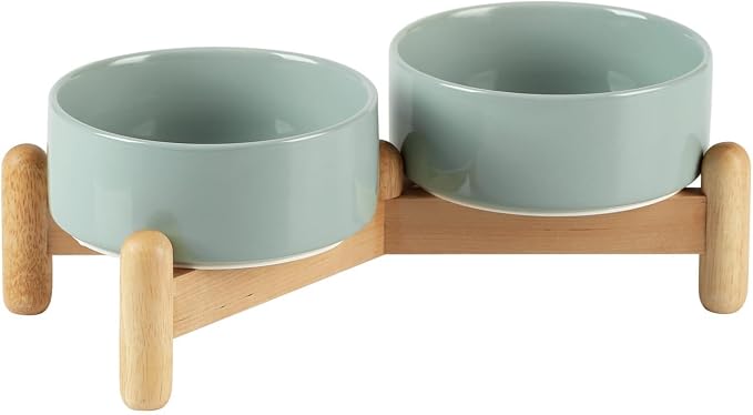 Havniva Ceramic Dog Bowls Elevated, Raised Dog Food Bowl for Puppies | 5.1” Elevated Dog Bowls, Non-Slip Wood Stand, Dog Food and Water Bowl Set, Dog Feeding Dish, Large Capacity Pet Water Bowl