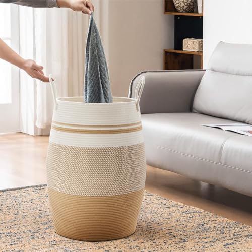105L Extra Large Woven Laundry Hamper Basket with Heavy Duty Cotton Rope Handles for Clothes and Toys in Bedroom, Nursery Room, Bathroom