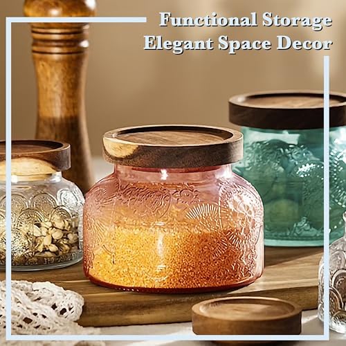 Decorative Pink Embossed Glass Jar with Airtight Wooden Lid, 40 fl. oz | Wide mouth vintage storage canister, kitchen pantry bathroom organization, coffee sugar tea cookie candy candle vase gift