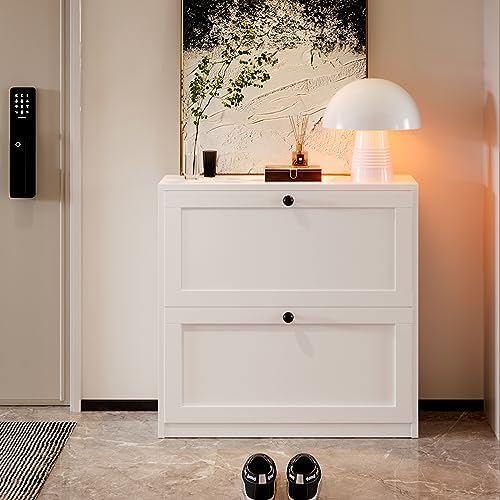 VOWNER Shoe Cabinet with 2 Flip Drawers, Freestanding Shoe Storage Cabinet with Adjustable Shelf & Anti-Tipping Device, Shoe Rack for Entryway, Hallway, Living Room (White)