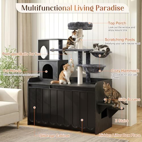 50.6 Inch Cat Tree with Litter Box Enclosure and Storage, Black | Hidden Litter Box Cabinet with Multi-Level Platforms, Dual Hammocks, Sisal Scratching Posts, Condo and Top Perch for Play