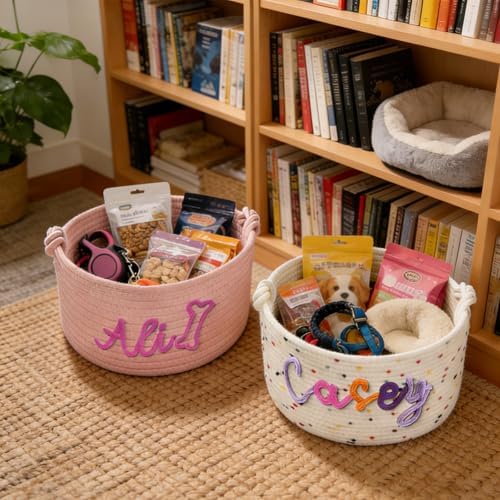 Personalized Dog Toy Storage Basket Custom Pet Woven Cotton Rope Bin with Name Customized Cotton Rope with Handle Storage Box for Pet Supplies Snacks Toys Clothing Blankets