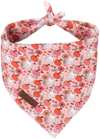 Halloween Dog Bandana,Pumpkin Triangle Bid Scarf with Pink Pumpkin & Ghost Pattern, Cotton Pet Kerchief for Girl Female Dogs or Cats, Cute Puppy Bandana Fancy for Dogs